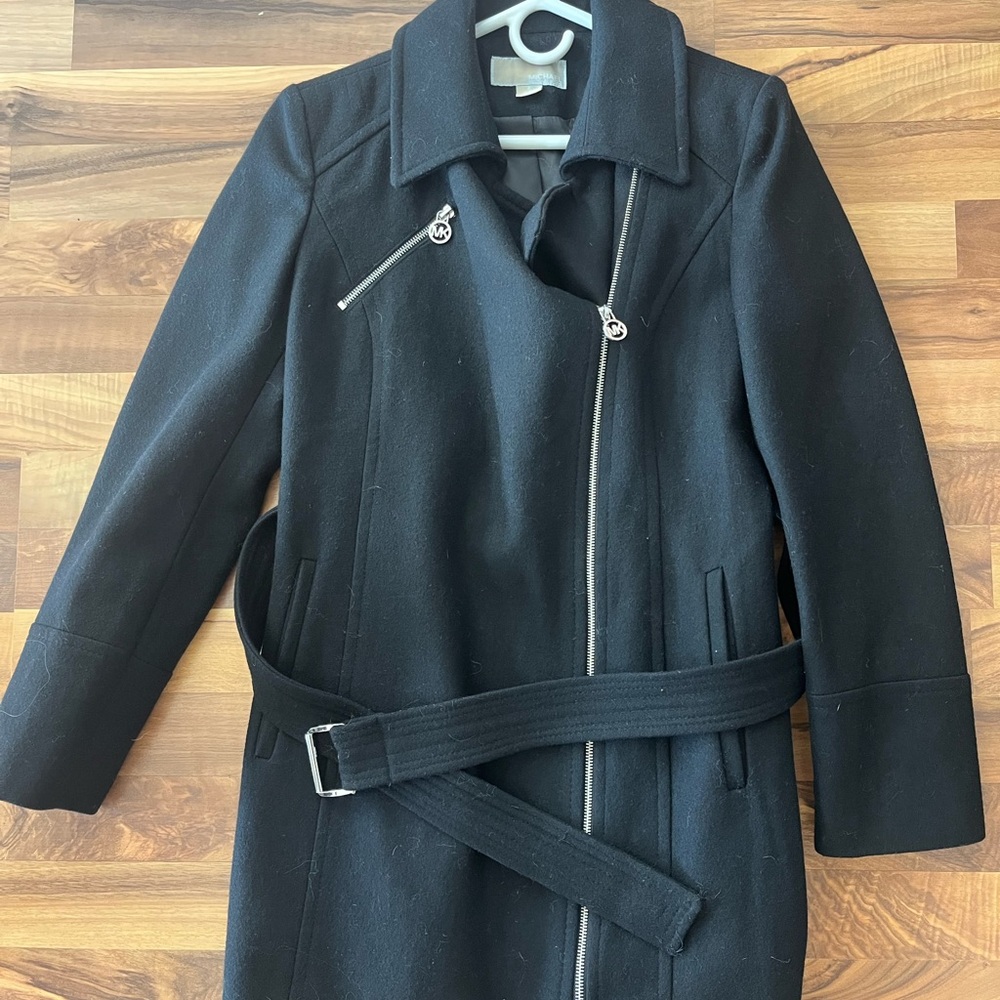 Michael Kors Black Belted Wool-Blend Zip Coat